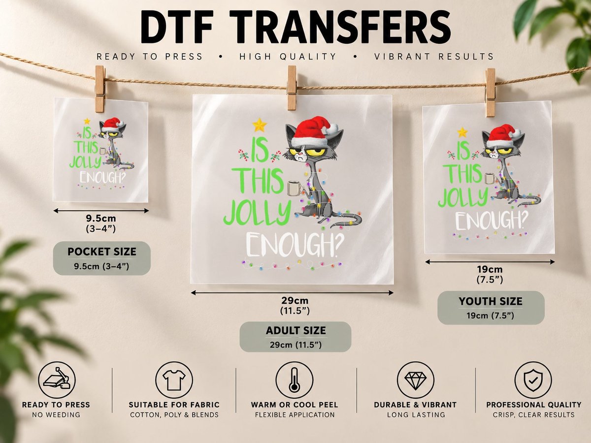 Is This Jolly Enough Black Cat Merry Christmas Tree Lights DTF Transfer Iron On