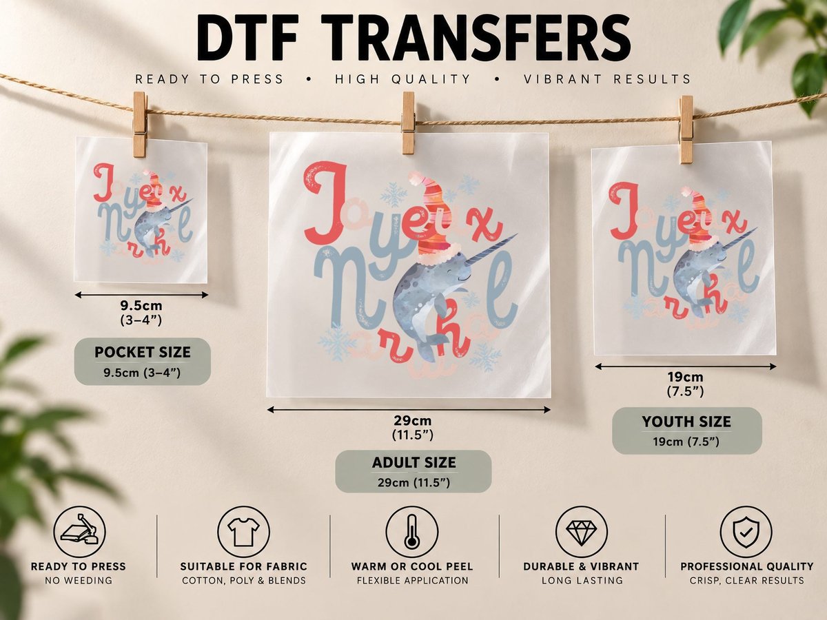 Joyeux Narwhal Noel Christmas Joy, Xmas Present DTF Transfer Iron On