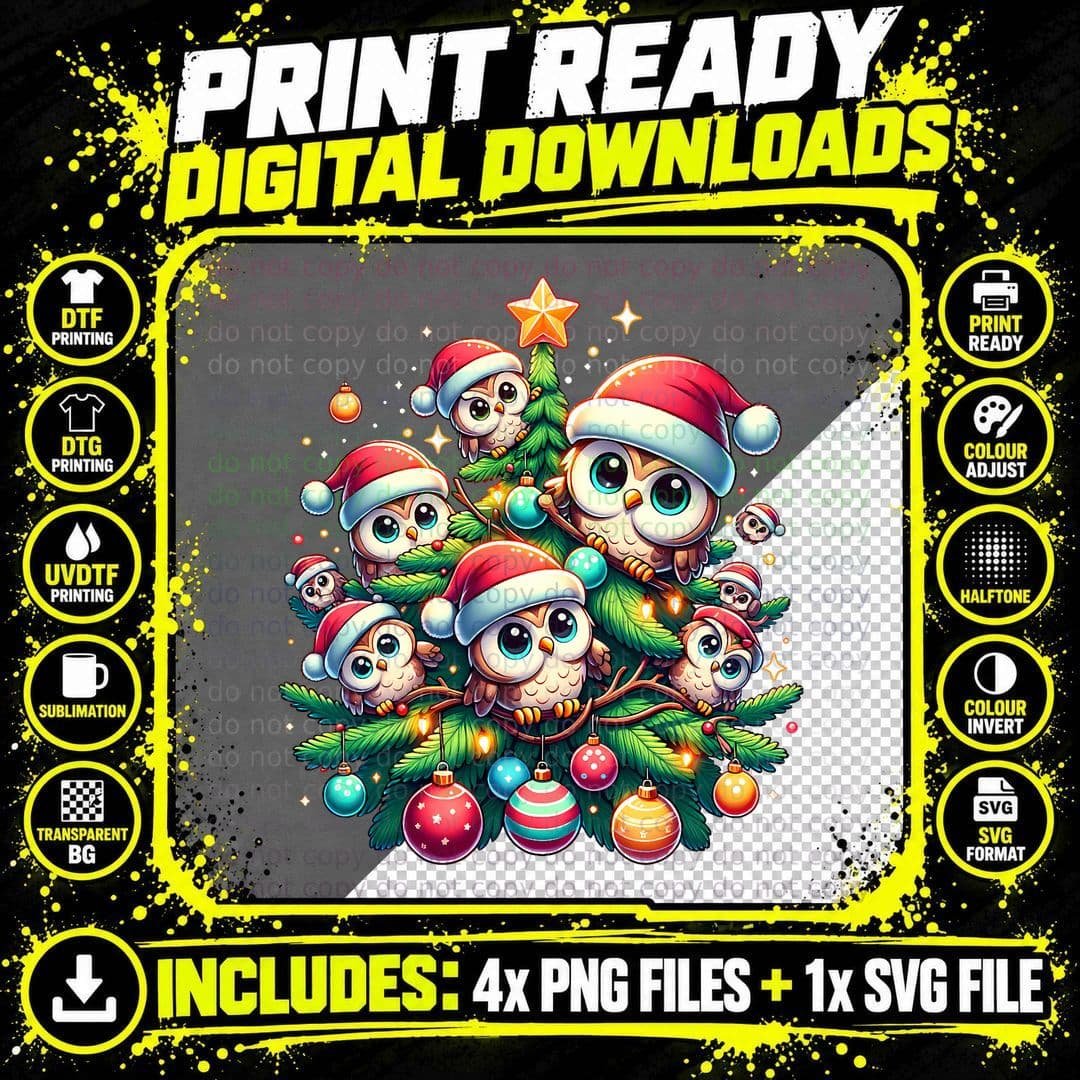 Kawaii Owl Christmas Tree Cartoon Animals Strigiformes Png SVG Digital Bundle