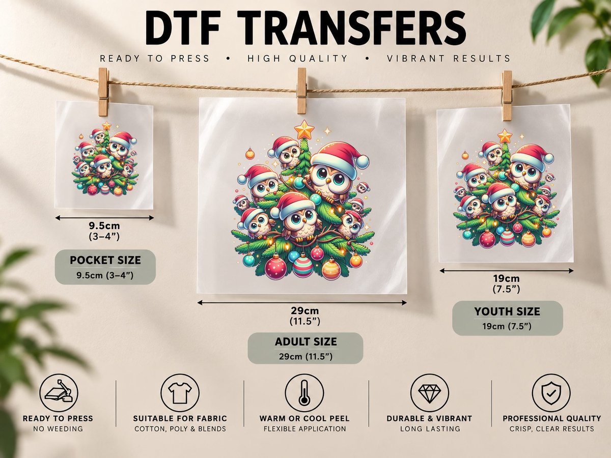 Kawaii Owl Christmas Tree Cartoon Animals Strigiformes DTF Transfer Iron On