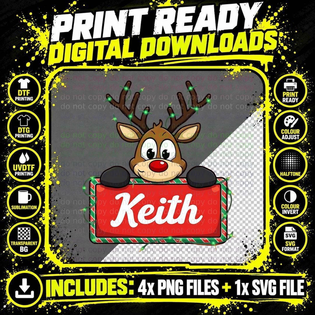 Keith Custom Reindeer Peeking Christmas Lights Happy Png SVG Digital Bundle