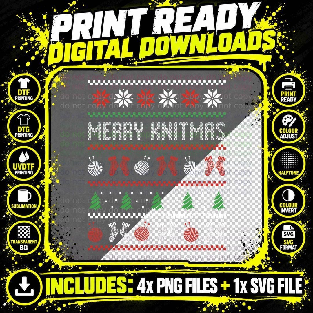 Knitting Ugly Christmas Sweater Merry Knitmas T-Shirt Png SVG Digital Bundle