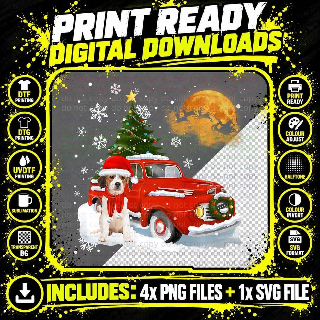 Kooikerhondje Vintage Wagon Red Truck Christmas Tree Png SVG Digital Bundle
