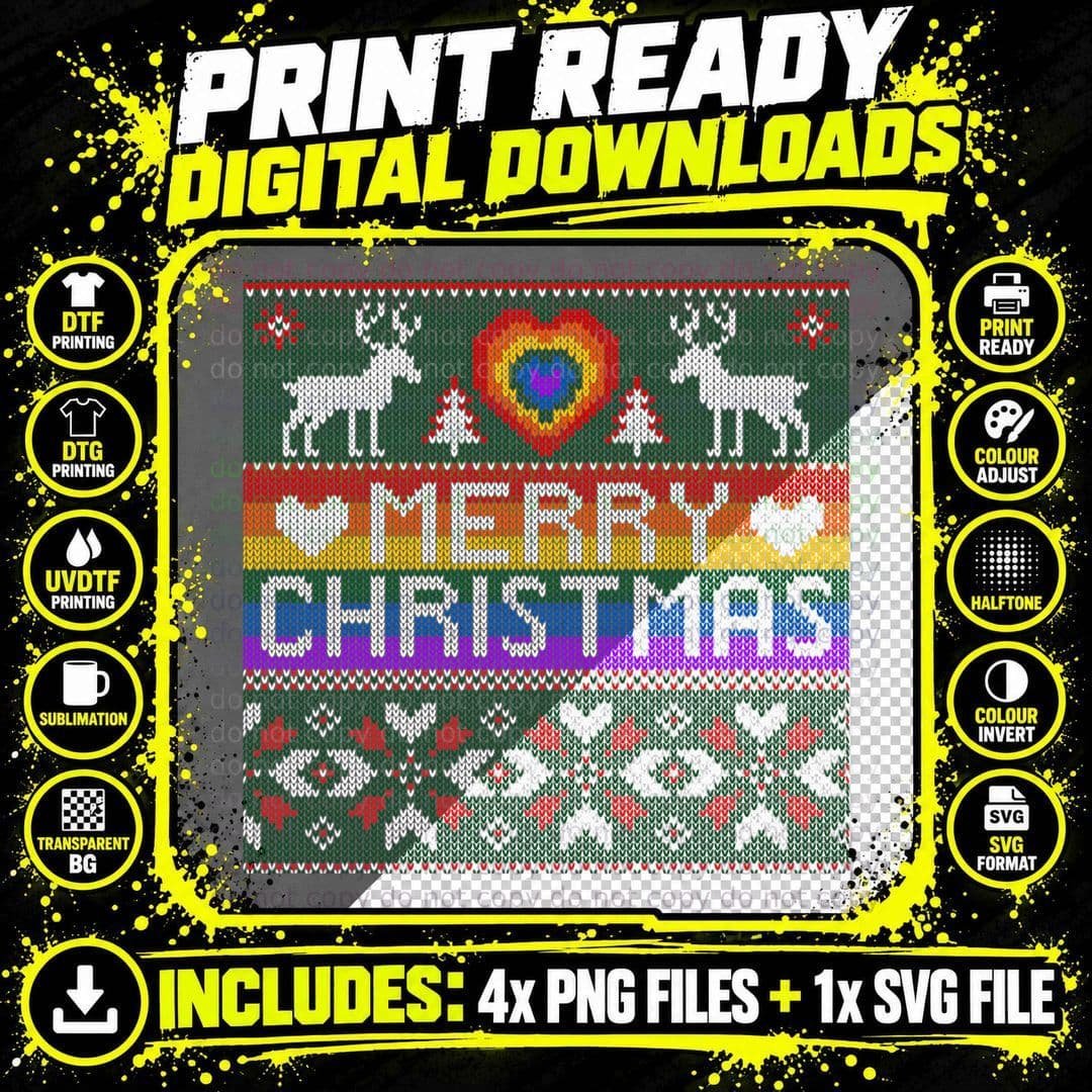 LGBT Ugly Christmas Sweater Shirt Lesbian Gay Flag Heart Png SVG Digital Bundle