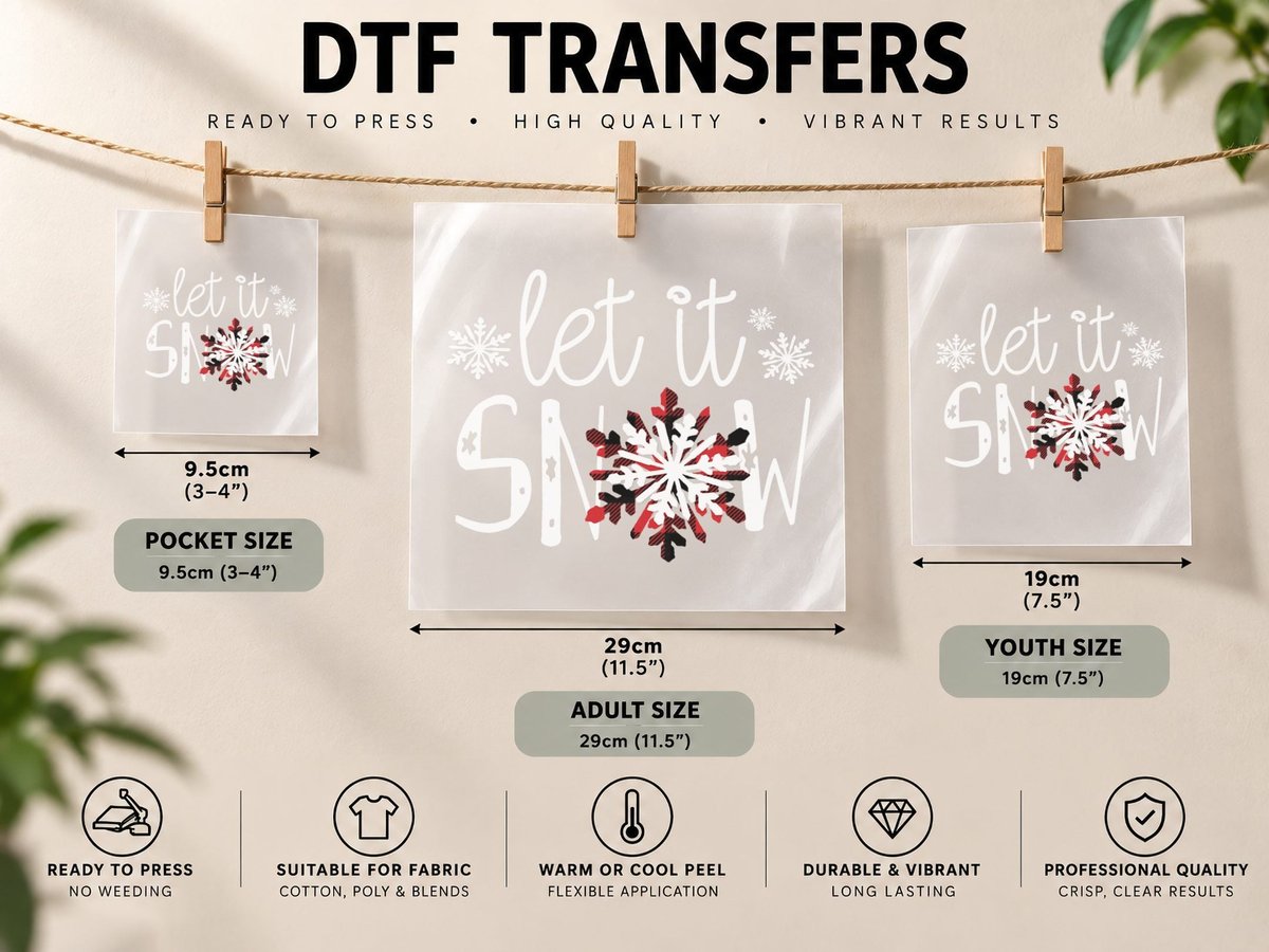 Let It Snow Cute Christmas Winter Buffalo Plaid Snowflake DTF Transfer Iron On