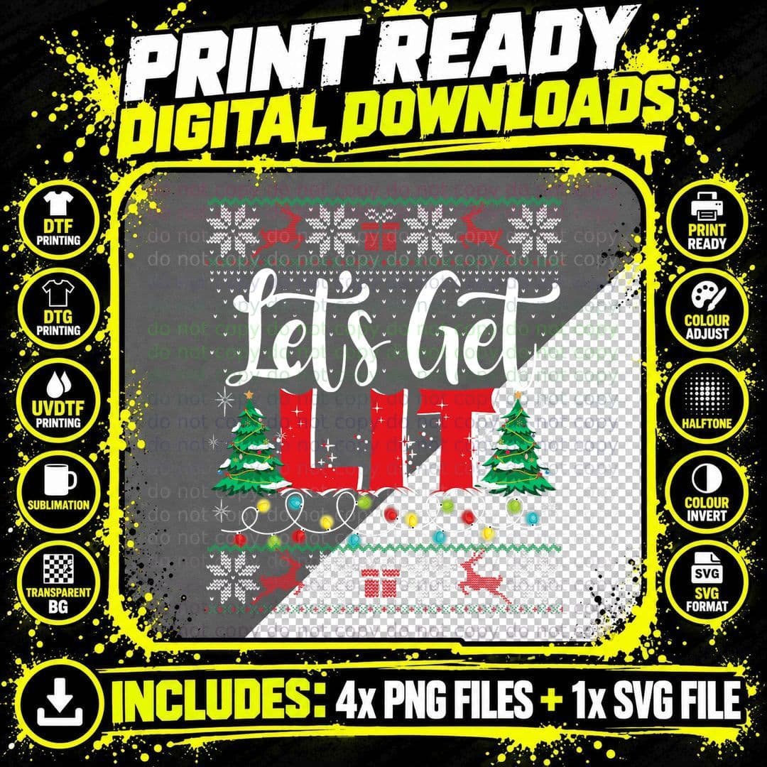 Let's Get Lit Christmas Lights Ugly Sweater Xmas Png SVG Digital Bundle