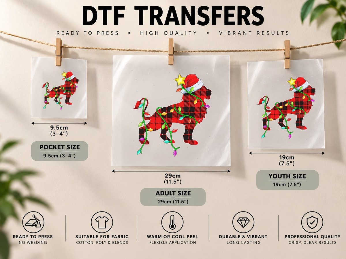 Lion Lover Christmas Funny Santa Hat Xmas Lights Holidays DTF Transfer Iron On