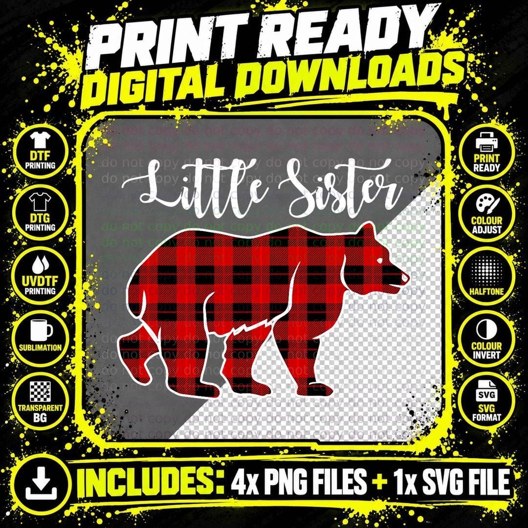 Little Sister Bear Red Plaid Christmas Costume Matching Png SVG Digital Bundle