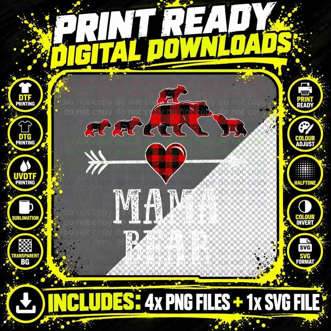 Mama Bear 4 Cubs Shirt, Christmas Mama Bear Plaid Pajama Png SVG Digital Bundle