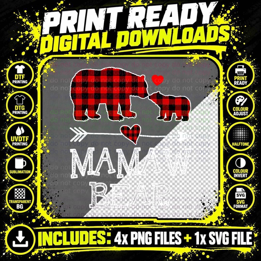Mamaw Bear Christmas Pajama Red Plaid Buffalo Family Png SVG Digital Bundle