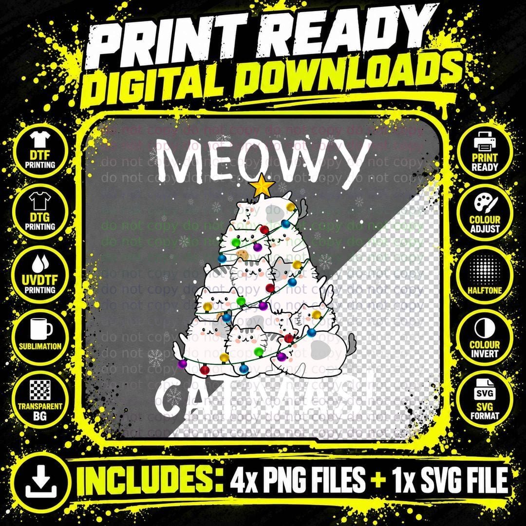 Meowy Cats Christmas Tree Xmas Lights Boys Girls Kids Png SVG Digital Bundle