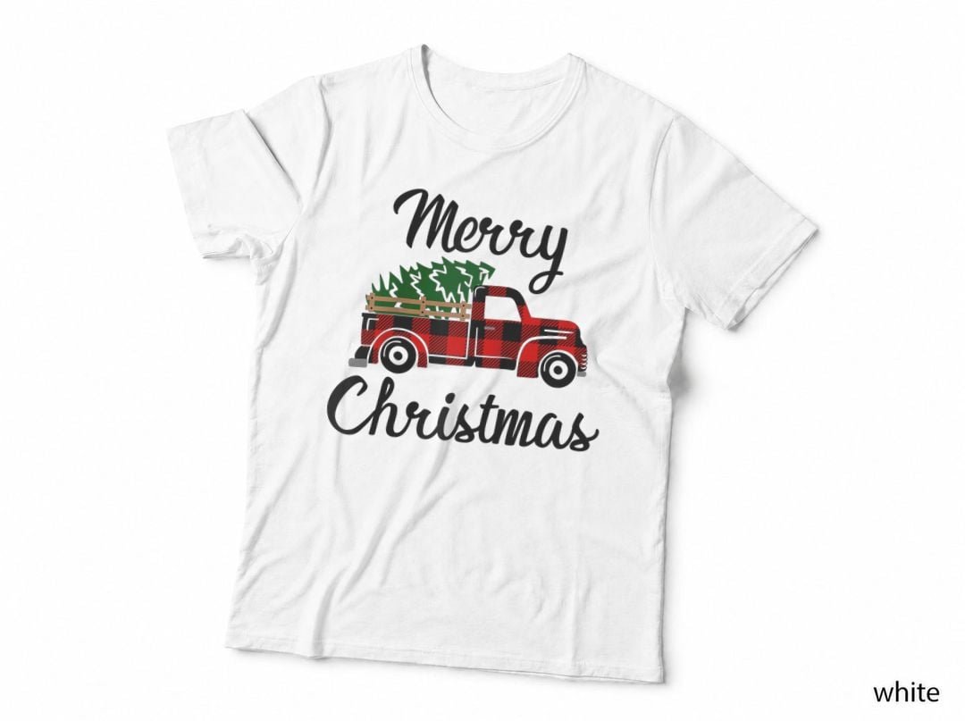 Merry Christmas - Tree on Buffalo Plaid Truck, Christmas T-Shirt