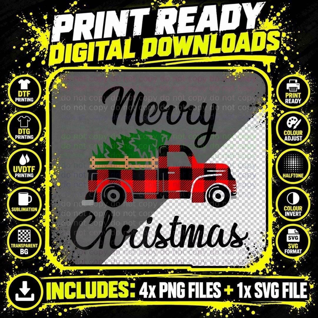Merry Christmas - Tree on Buffalo Plaid Truck Png SVG Digital Bundle