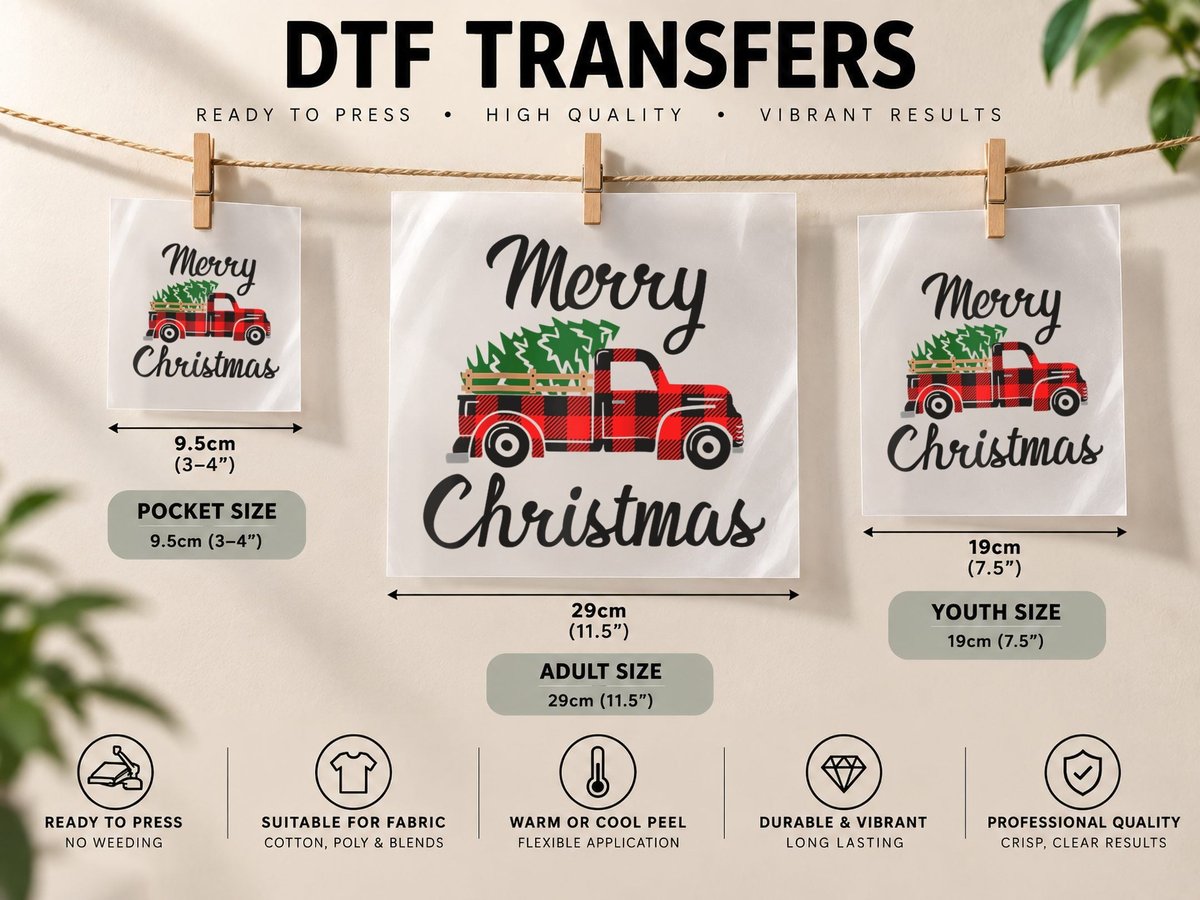 Merry Christmas - Tree on Buffalo Plaid Truck, Christmas DTF Transfer Iron On