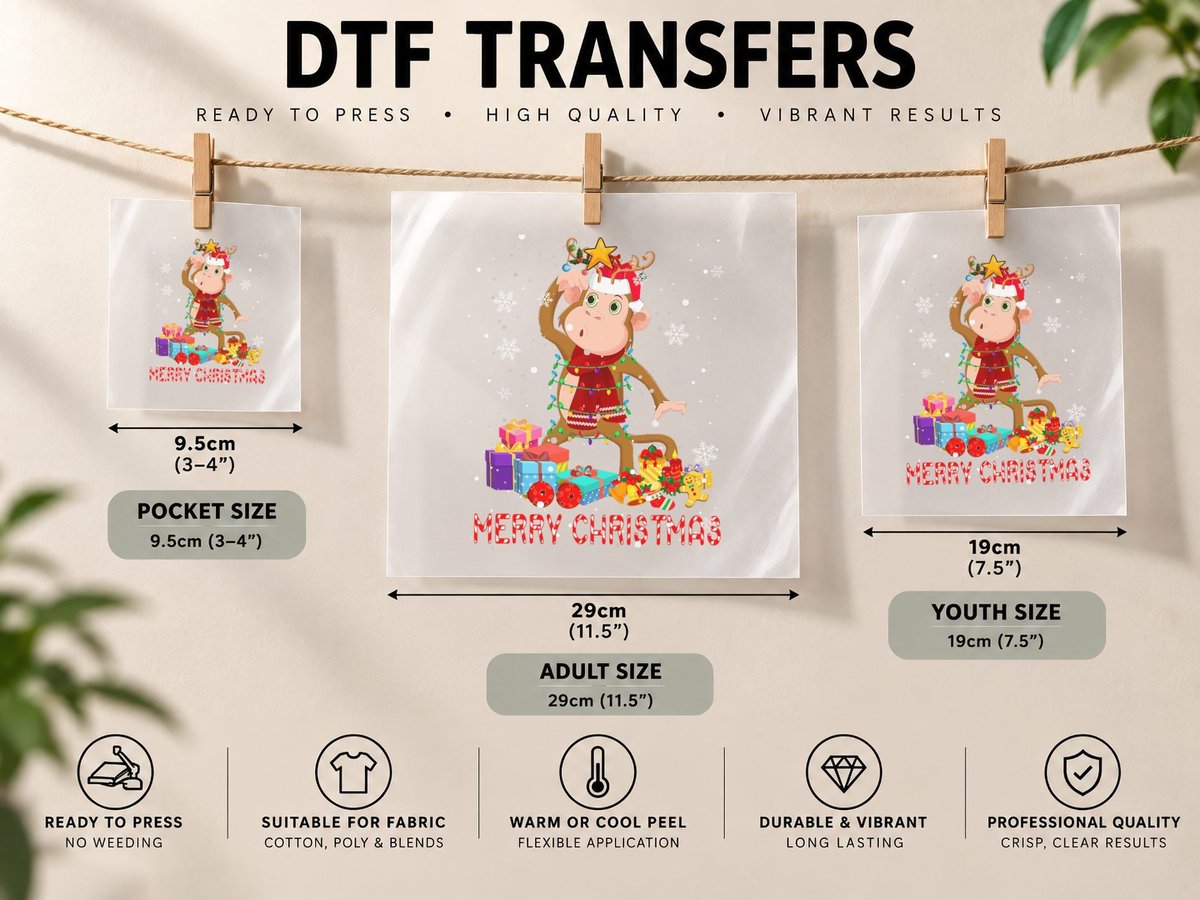 Merry Christmas Cute Christmas Lights Santa Reindeer Monkey DTF Transfer Iron On