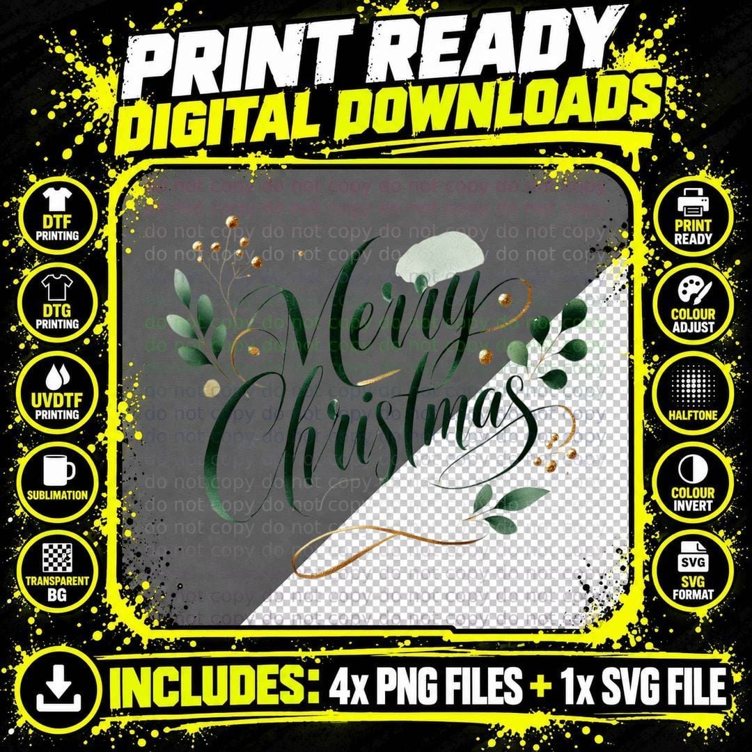 Merry Christmas Green Calligraphy Holiday Season's Png SVG Digital Bundle