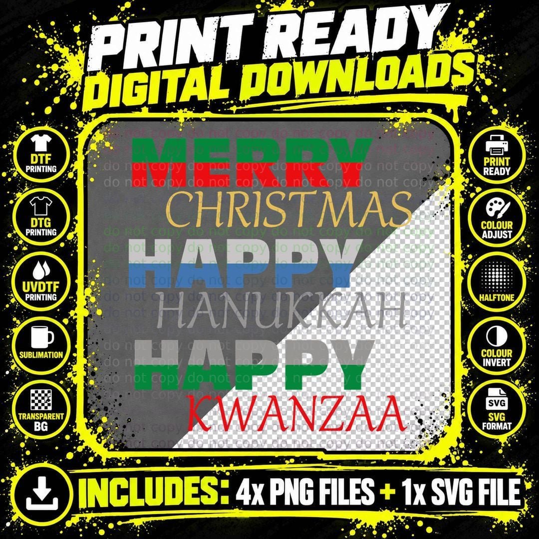 Merry Christmas Happy Hanukkah Happy Kwanzaa Holiday Png SVG Digital Bundle
