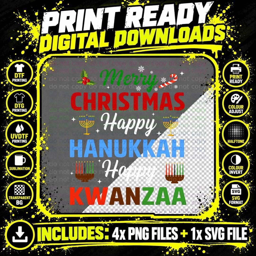 Merry Christmas Happy Hanukkah Jewish Happy Kwanzaa Xmas Png SVG Digital Bundle