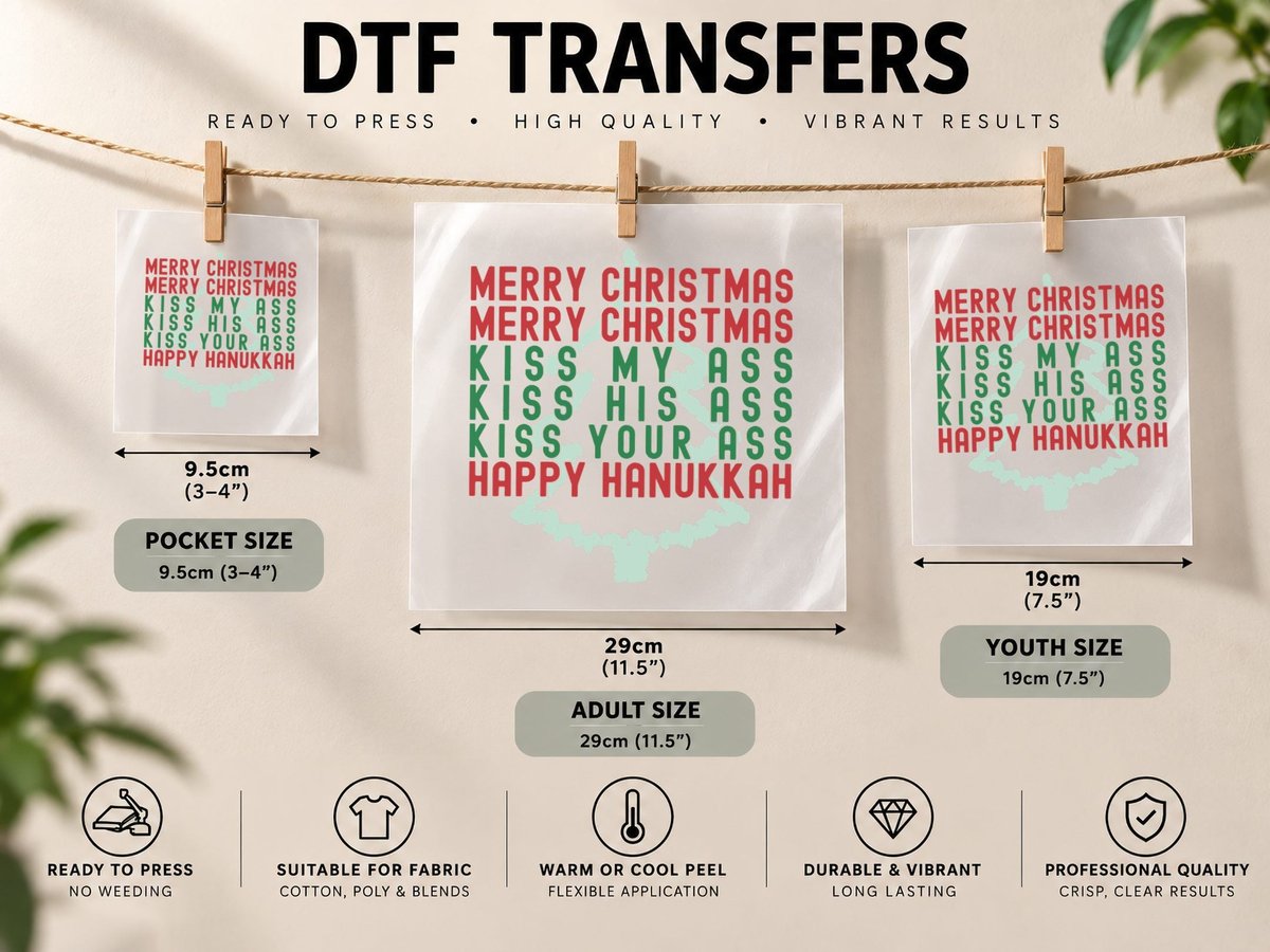 Merry Christmas Kiss My Ass Funny Hanukkah Pullover DTF Transfer Iron On