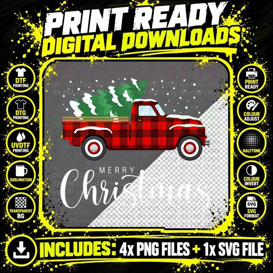 Merry Christmas Red Truck Buffalo Plaid Xmas Retro Png SVG Digital Bundle