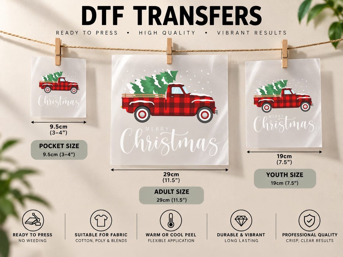 Merry Christmas Red Truck Buffalo Plaid Xmas Retro Vintage DTF Transfer Iron On