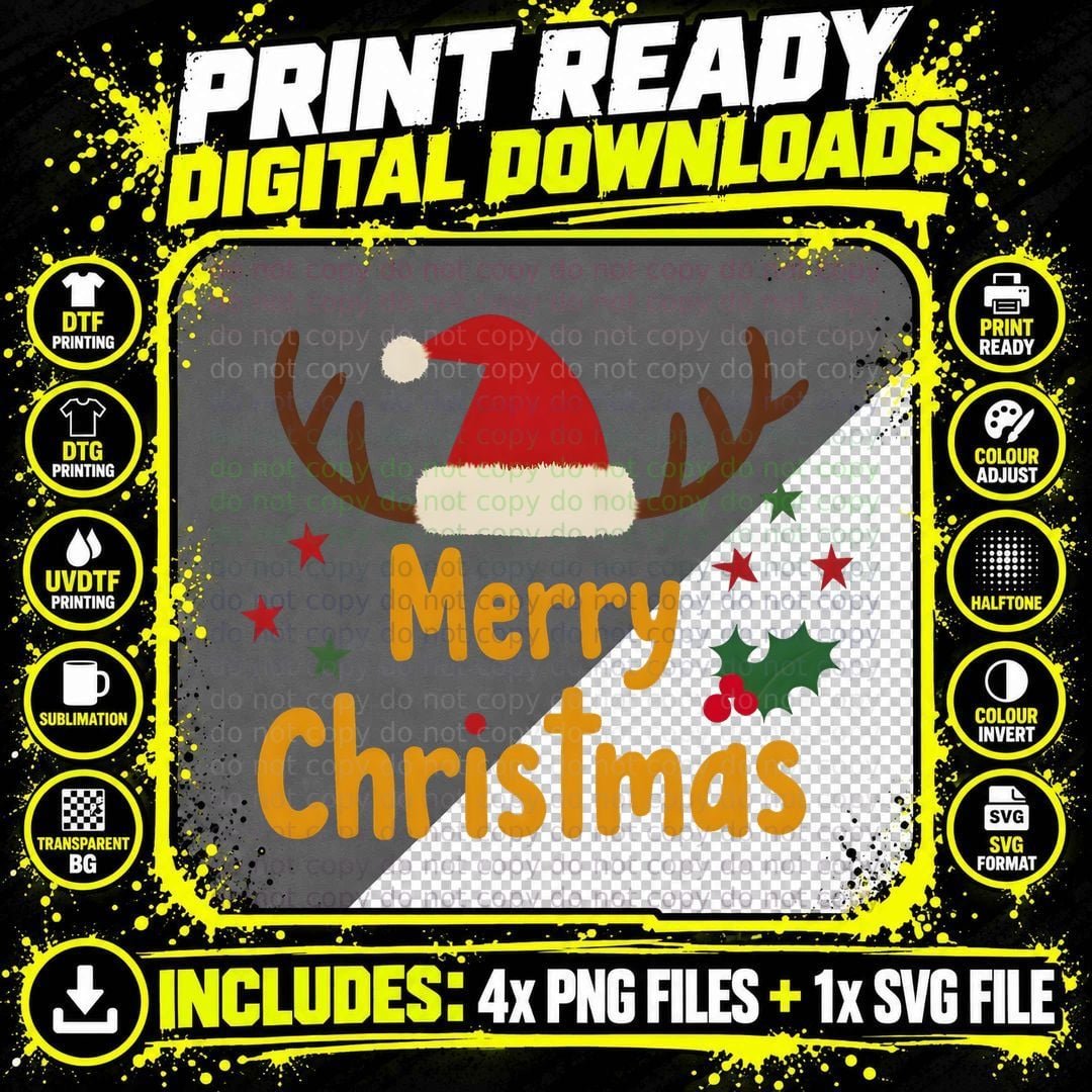 Merry Christmas Reindeer Antlers Santa Hat Festive Png SVG Digital Bundle