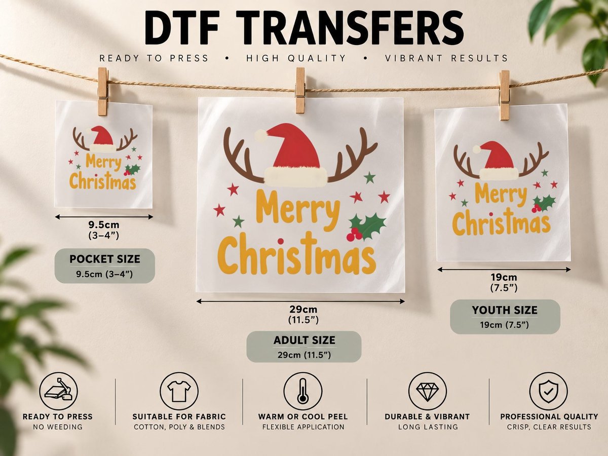 Merry Christmas Reindeer Antlers Santa Hat Festive DTF Transfer Iron On