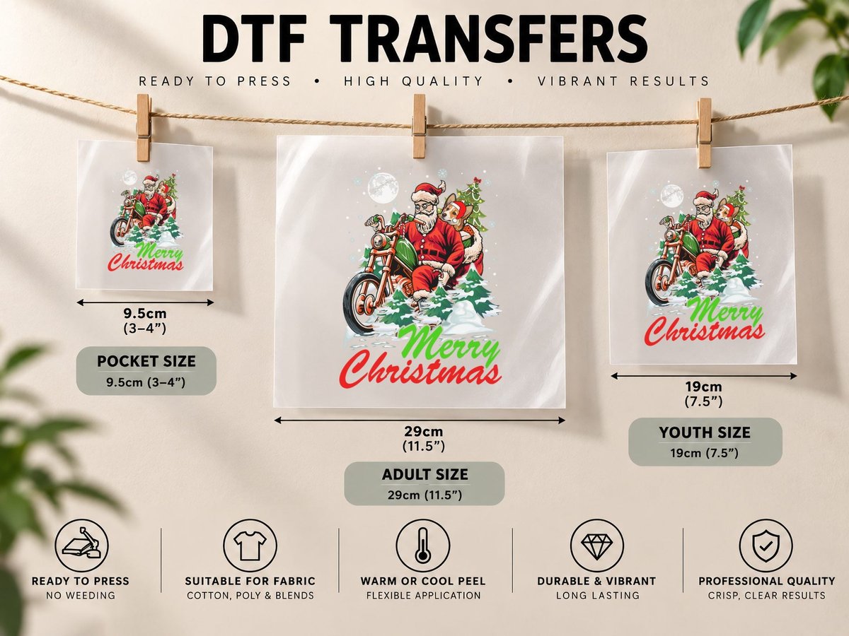 Merry Christmas Santa and Corgi Riding Motorcycle Biker DTF Transfer Iron On