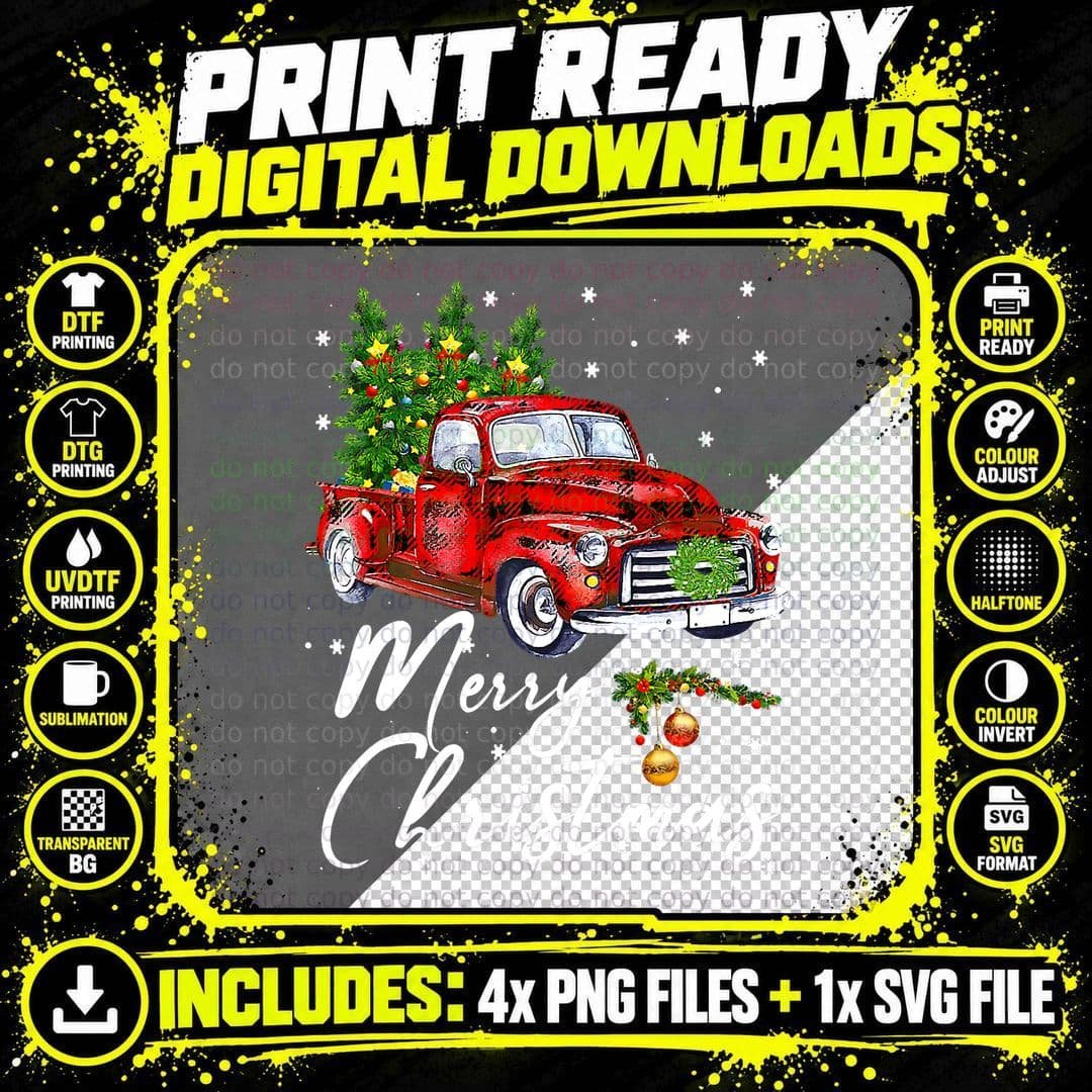 Merry Christmas Vintage Wagon Red Truck Pajama Family Png SVG Digital Bundle