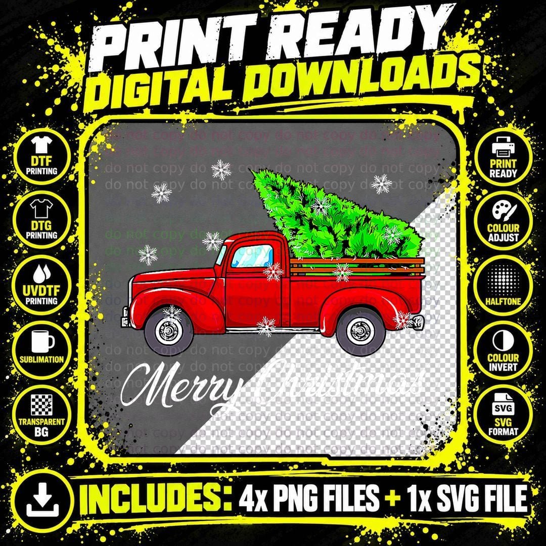 Merry Christmas Vintage Wagon Tree Red Truck Vacation Png SVG Digital Bundle