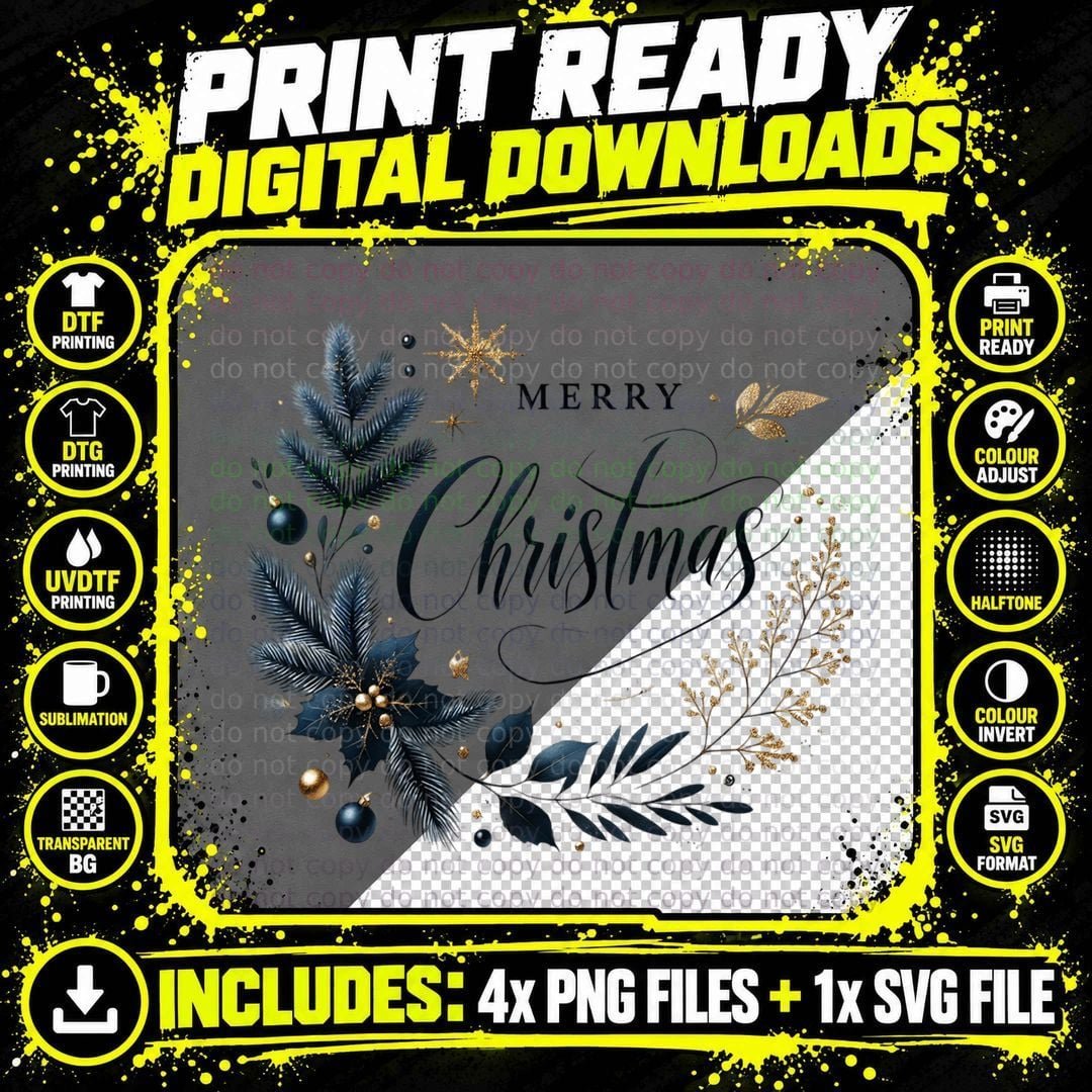 Merry Christmas Wreath Poinsettia Holiday Script Gift Png SVG Digital Bundle