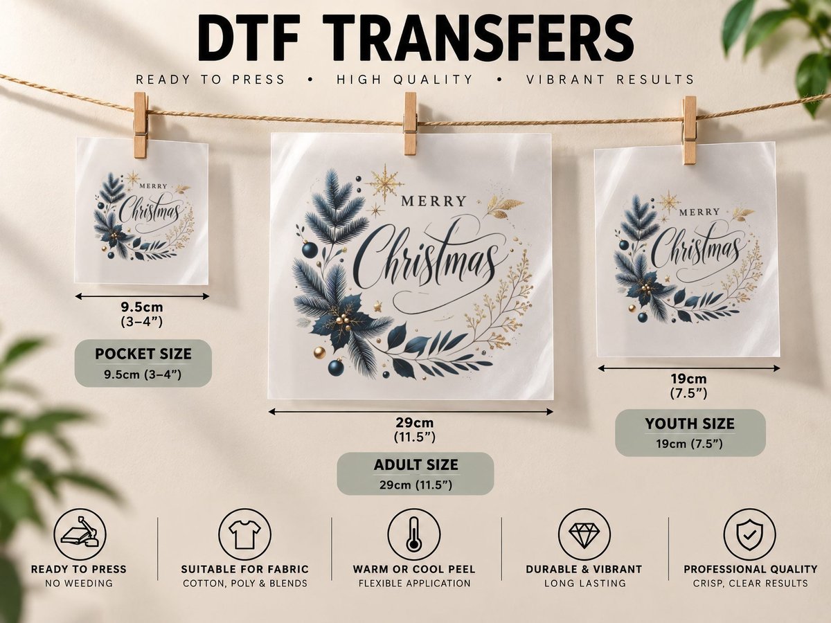 Merry Christmas Wreath Poinsettia Holiday Script Gift DTF Transfer Iron On