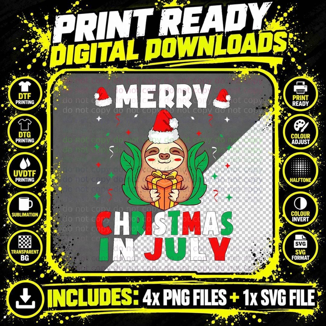 Merry Christmas in July Cute Sloth in Santa Hat Kids Png SVG Digital Bundle