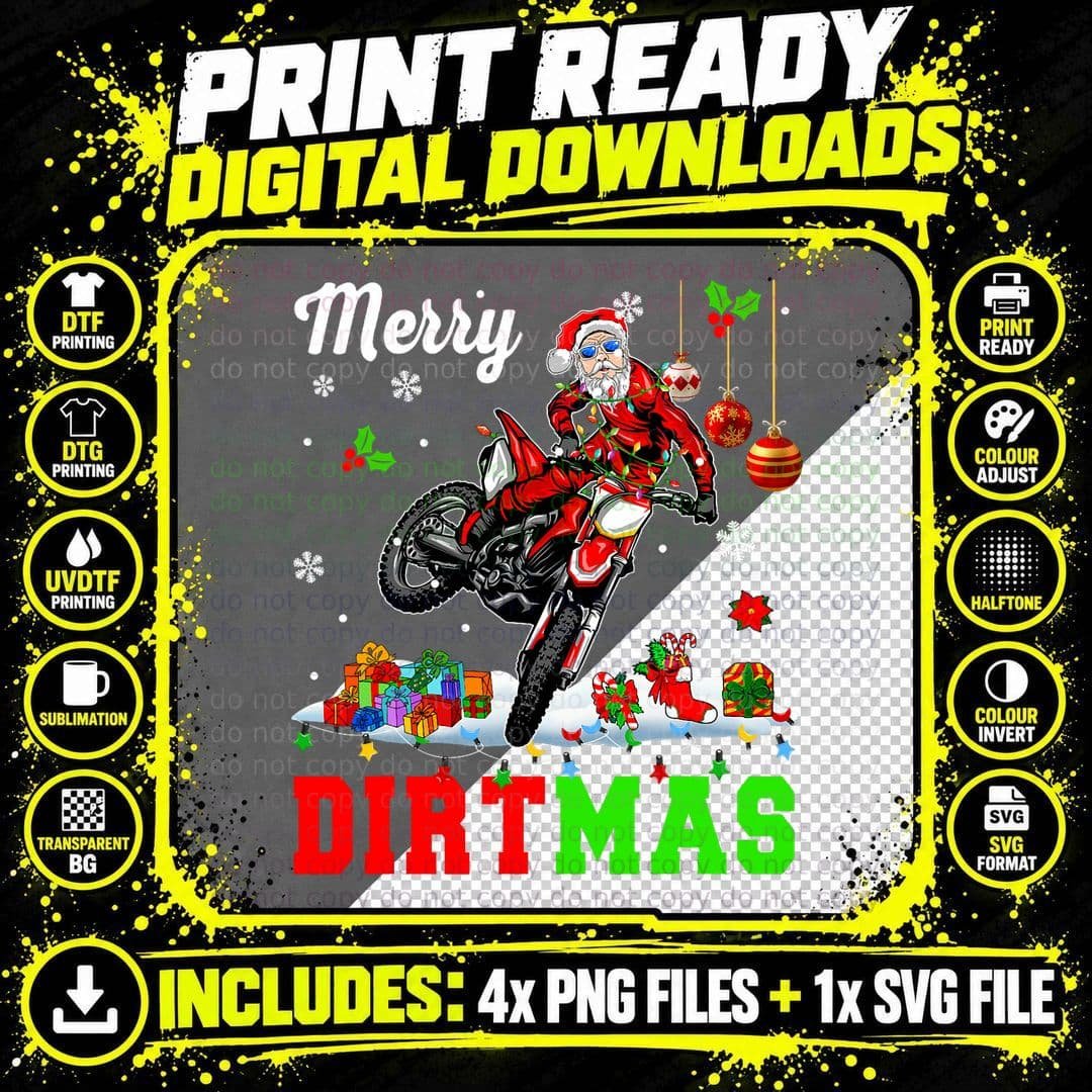 Merry Dirtmas Christmas Lights Santa Riding Dirt Bike Png SVG Digital Bundle