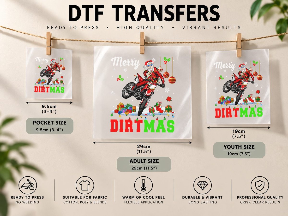 Merry Dirtmas Christmas Lights Santa Riding Dirt Bike Biker DTF Transfer Iron On