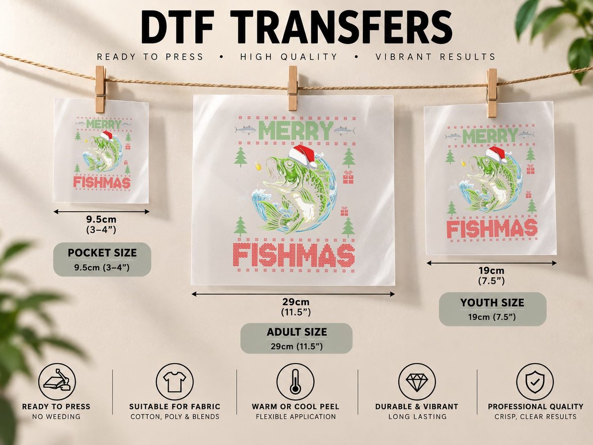 Merry Fishmas Bass Fish Fishing Christmas Ugly DTF Transfer Iron On