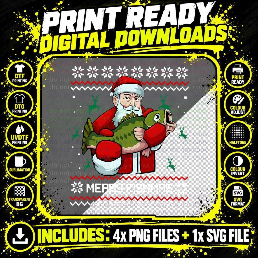 Merry Fishmas Ugly Christmas Pajama Santa Bass Fishing Png SVG Digital Bundle