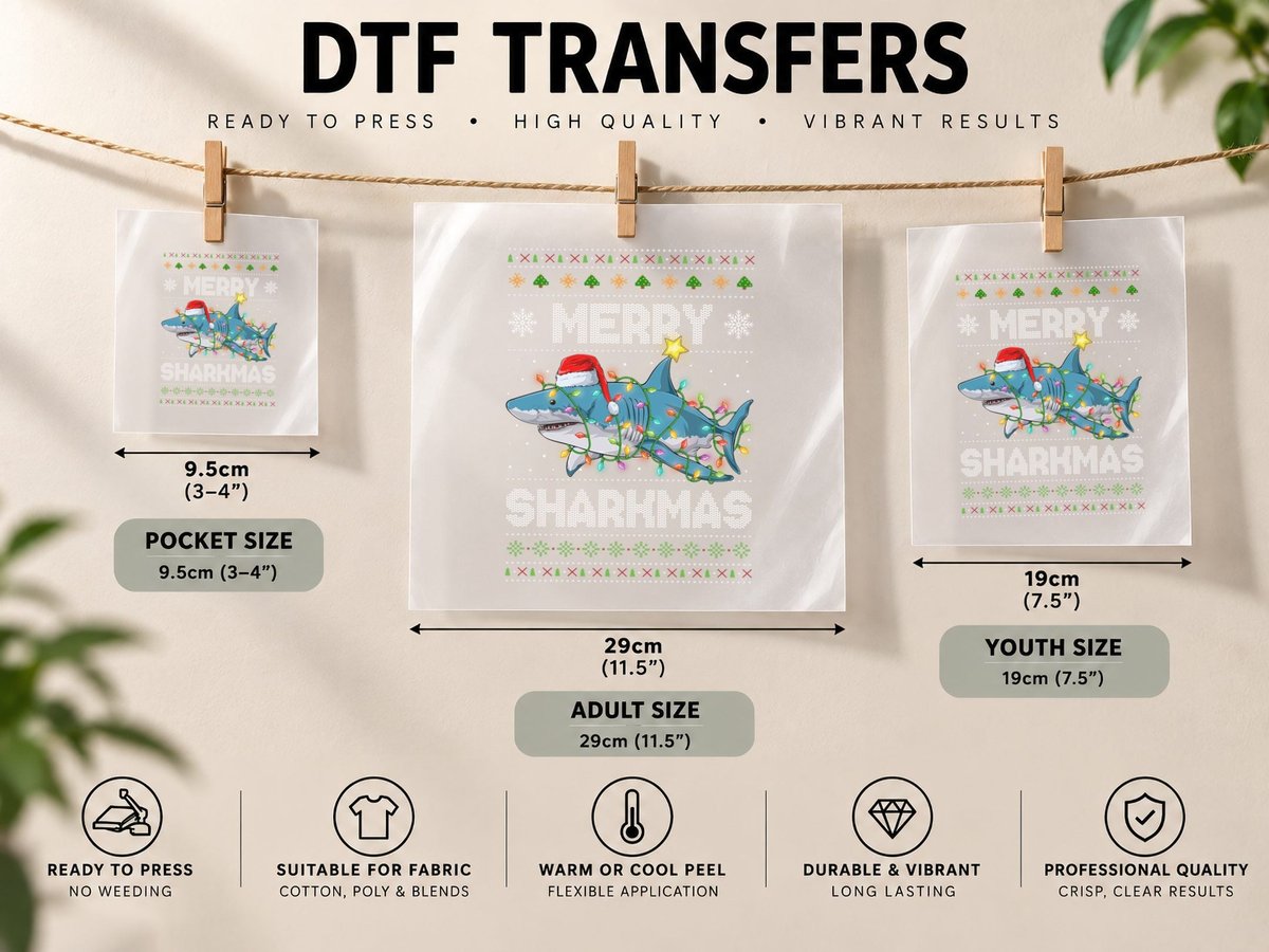 Merry Sharkmas Shark Santa Ugly Christmas Lights Boys Xmas DTF Transfer Iron On