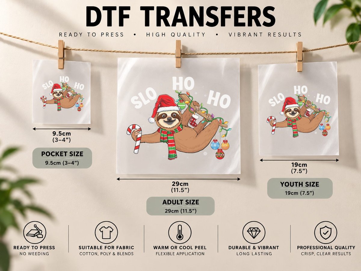 Merry Slothmas Cute Xmas Sloth Santa Hat Christmas Sloth DTF Transfer Iron On