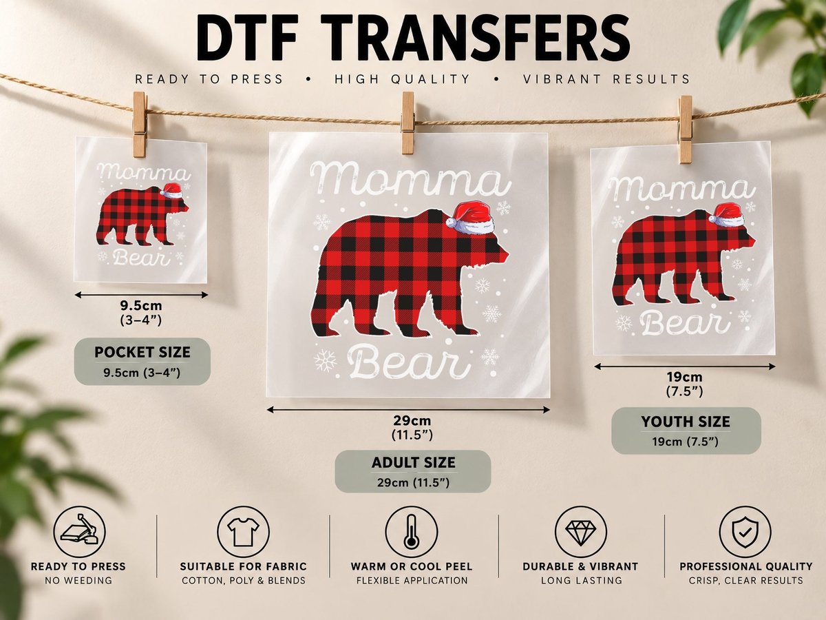 Momma Bear Christmas Pajamas Red Plaid Buffalo Family DTF Transfer Iron On