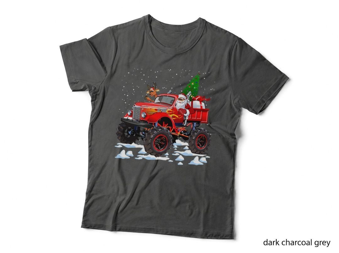 Monster Red Truck with Santa, Christmas Tree, Reindeer T-Shirt