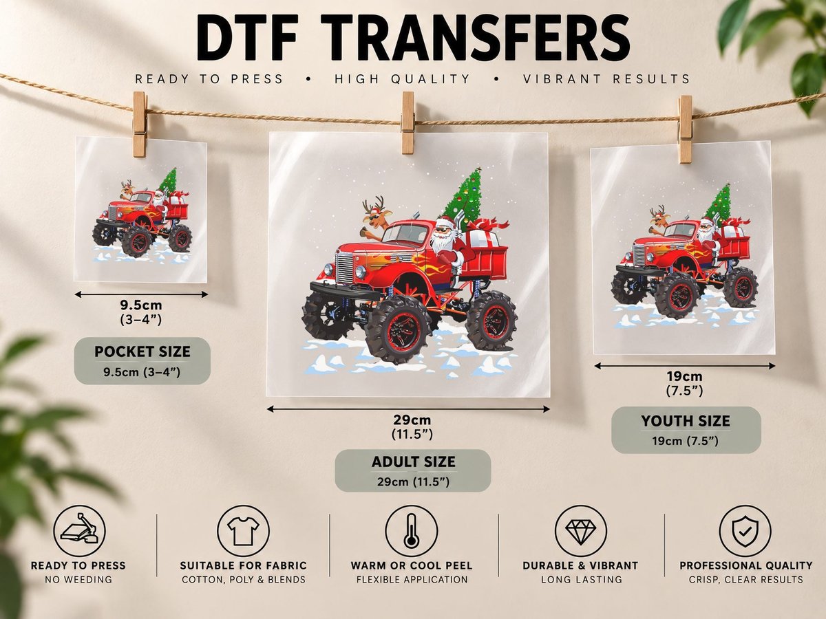 Monster Red Truck with Santa, Christmas Tree, Reindeer DTF Transfer Iron On