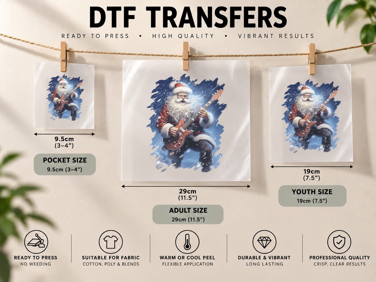 Rock and Roll Guitar Santa Christmas ROCK Music Lover DTF Transfer Iron On