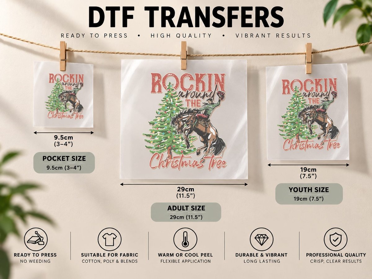 Rockin' Around the Christmas Tree Cowboy Santa Ride Horse DTF Transfer Iron On