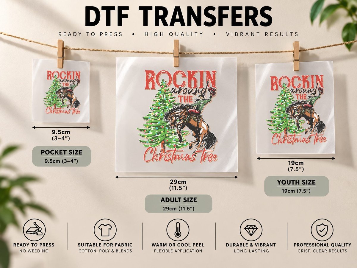 Rockin' Around the Christmas Tree Cowboy Santa Ride Horse DTF Transfer Iron On