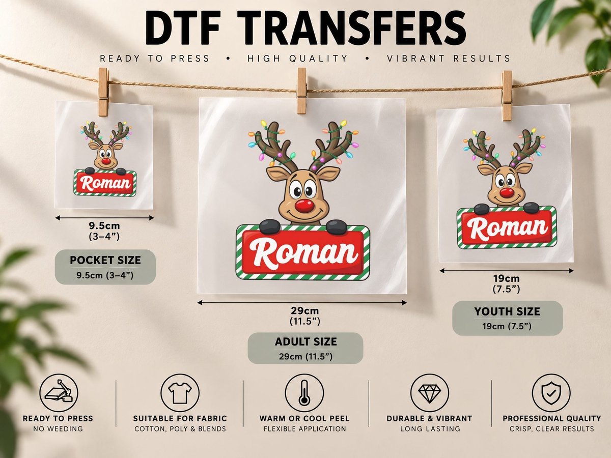 Roman Custom Reindeer Peeking Christmas Kids Lights DTF Transfer Iron On