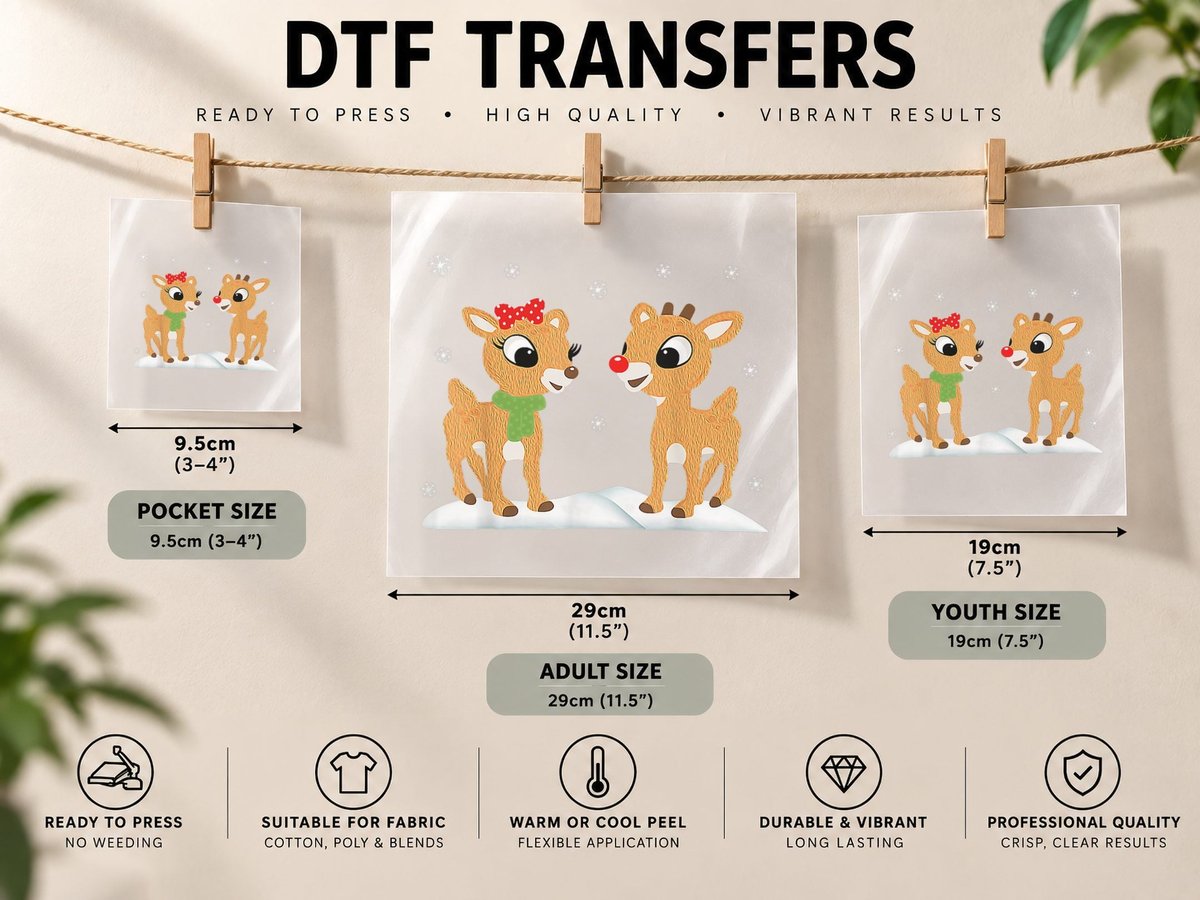 Rudolph and Clarice Christmas Kids Girls Reindeer DTF Transfer Iron On