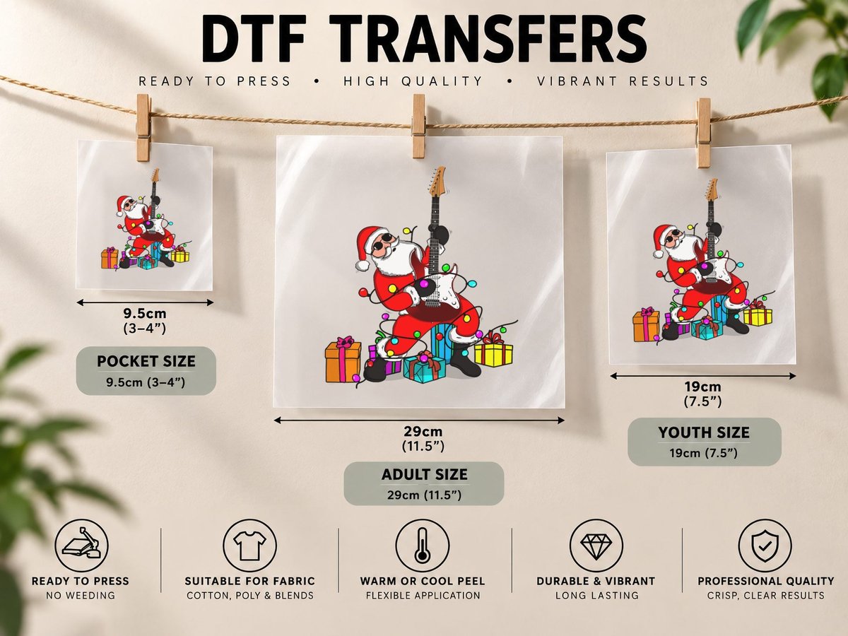 Santa Claus Guitar Player Christmas DTF Transfer Iron On