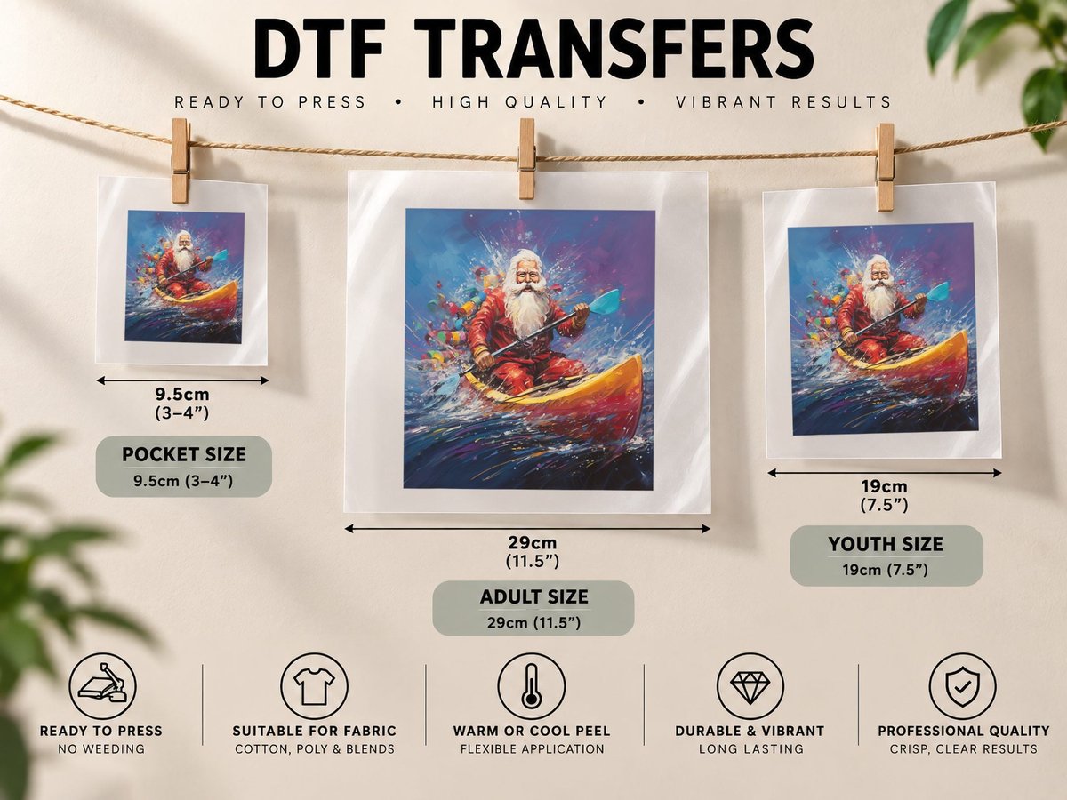 Santa Claus in Boat, Kayak Canadian Christmas Canoe DTF Transfer Iron On