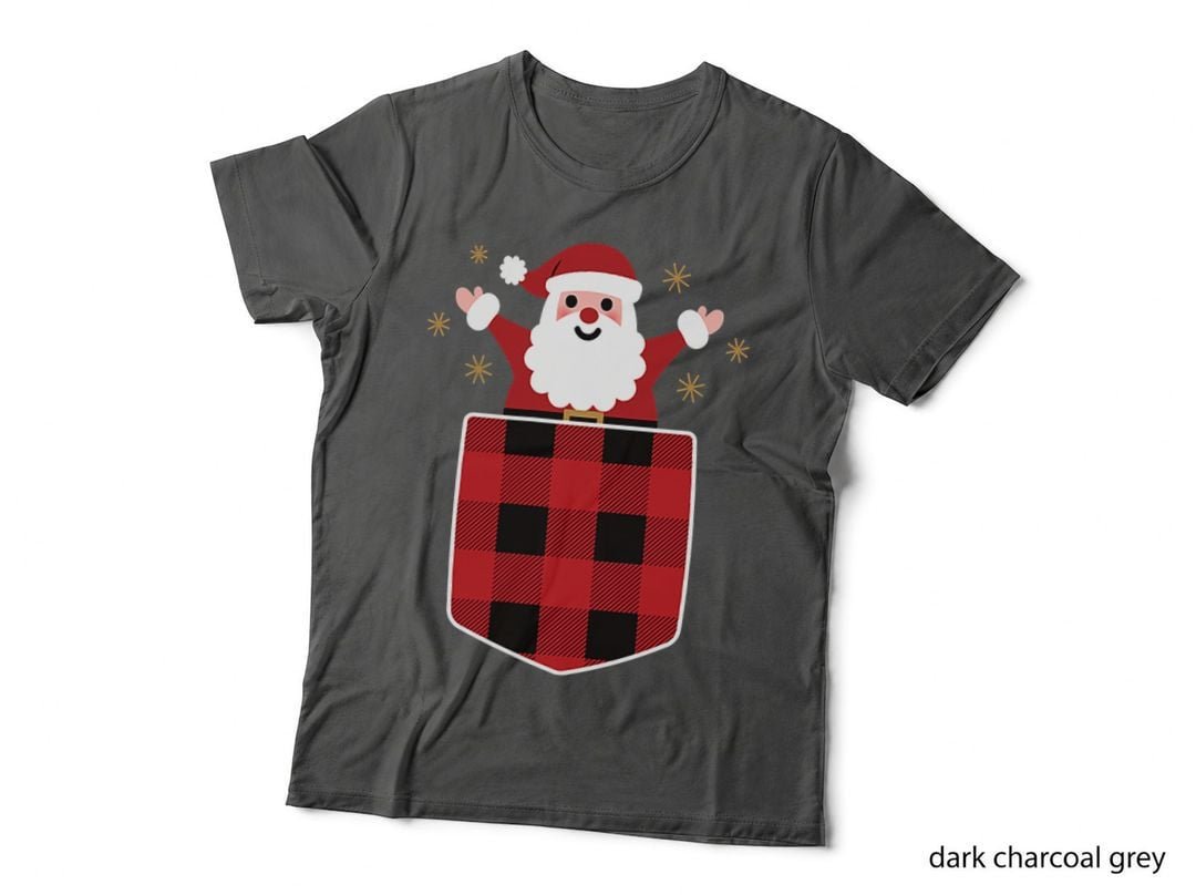 Santa Claus in Red & Black Buffalo Plaid Pocket Christmas T-Shirt